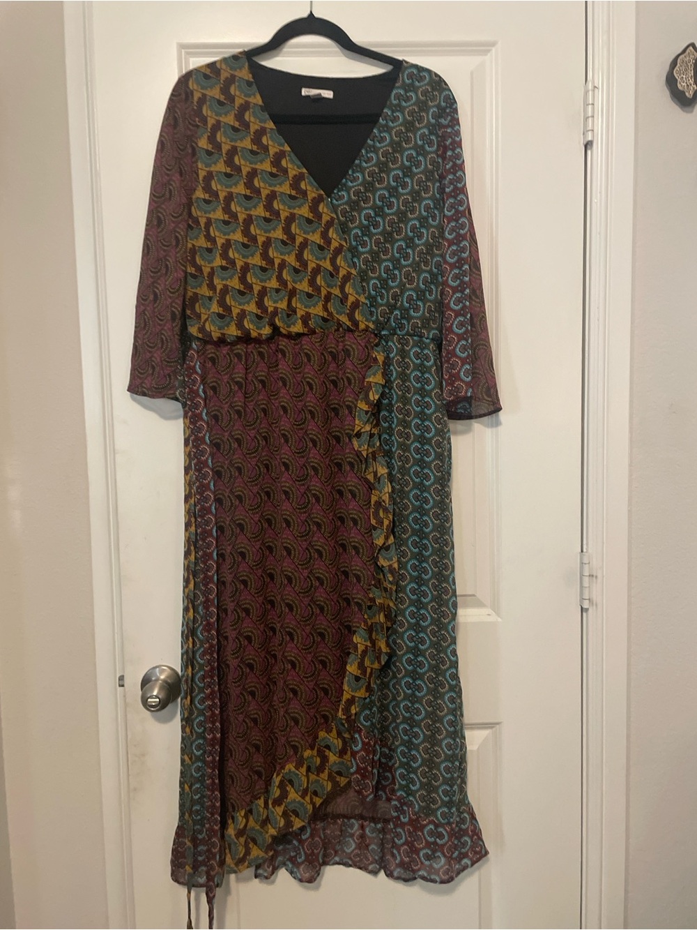 Cato Multi-Pattern Wrap Maxi Dress in Teal, Maroon & Mustard
